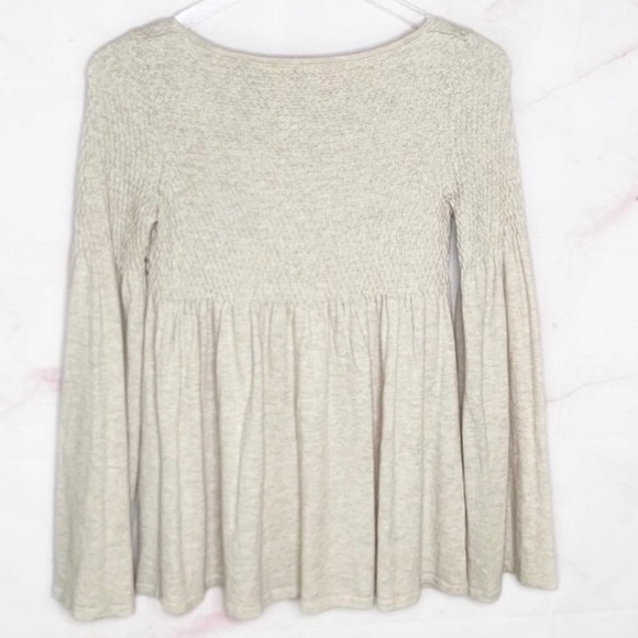 Anthro Knitted & Knotted Oatmeal Wool Blend Balloon Sleeve Babydoll Sweater Top - Picture 8 of 13